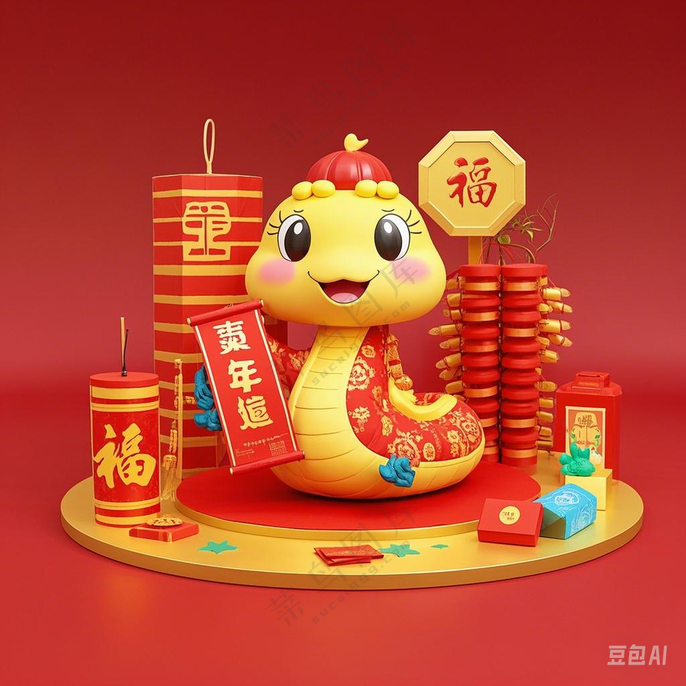 春节可爱的卡通蛇 有春联和福字 鞭炮 红包元素 AI生成中国风