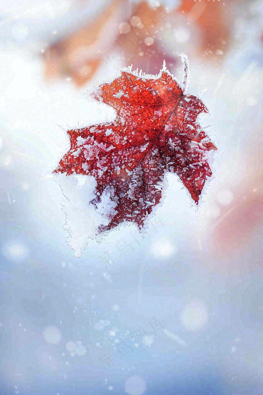 结满白霜雪花的树叶霜降摄影图