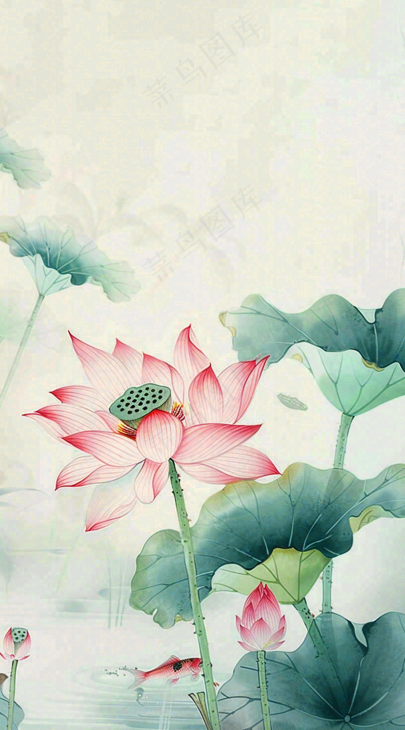 夏天荷花荷叶清凉小清新淡雅立夏夏至暑插画背景