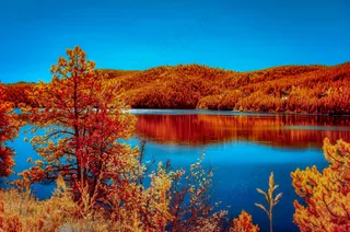 秋日湖畔：宁静蓝调的色彩交响曲