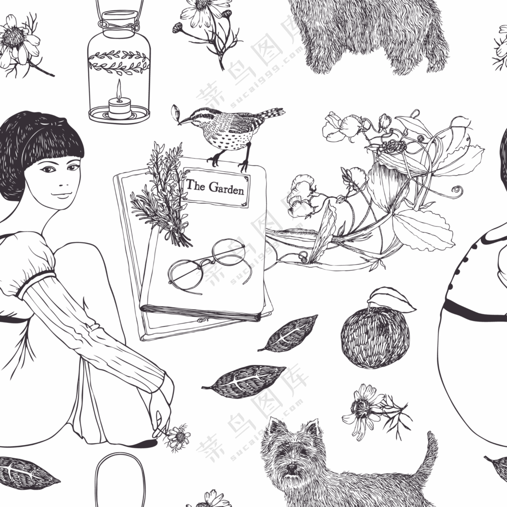 小鸟小狗与人物等无缝图案免抠素材