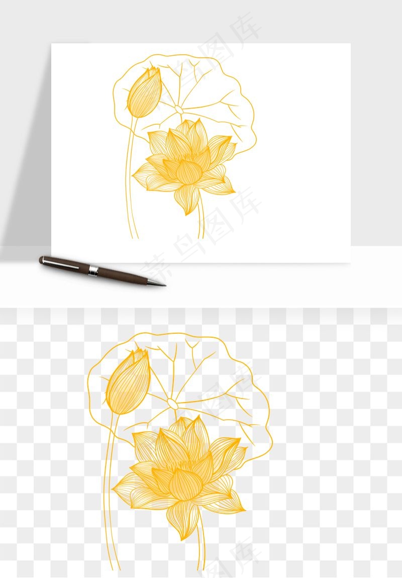 线描荷花莲花线条png免抠