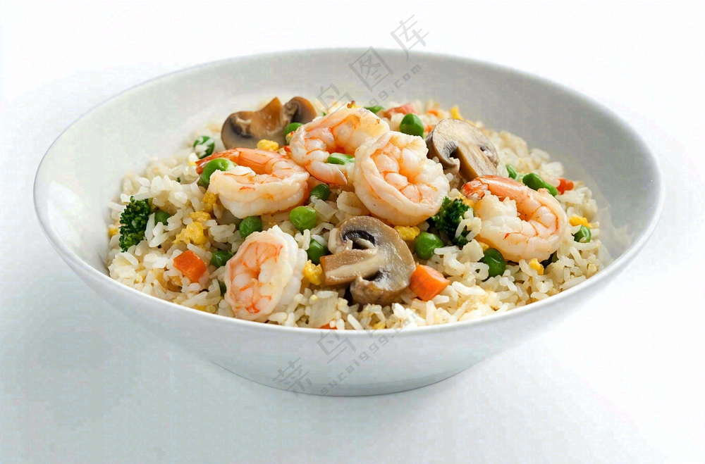 虾仁时蔬炒饭蘑菇美食摄影图