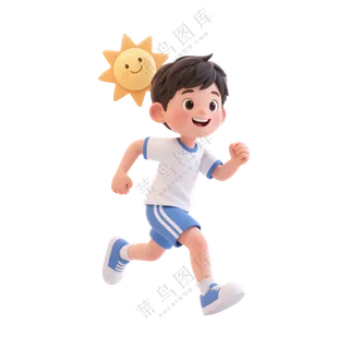蓝+白色纯净3D风格阳光下跑步的男孩免抠PNG素材