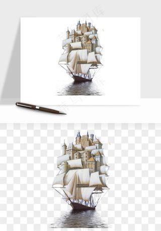 手绘航行帆船png免抠