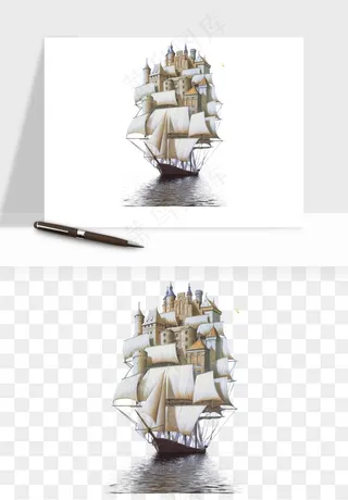 手绘航行帆船png免抠