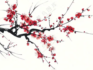 红色梅花傲雪水墨画插画免抠