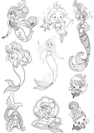 美人鱼漂亮美女简笔画元素大合集