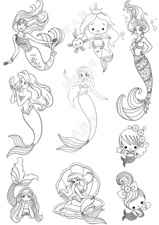 美人鱼漂亮美女简笔画元素大合集