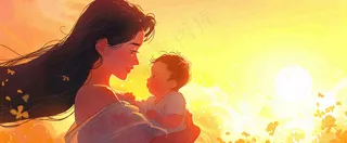 母亲节妈妈亲情抱着孩子鲜花光辉插画背景