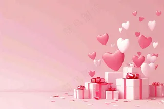 粉色爱心礼盒礼物浪漫唯美立体插画妇女节情人节七夕背景