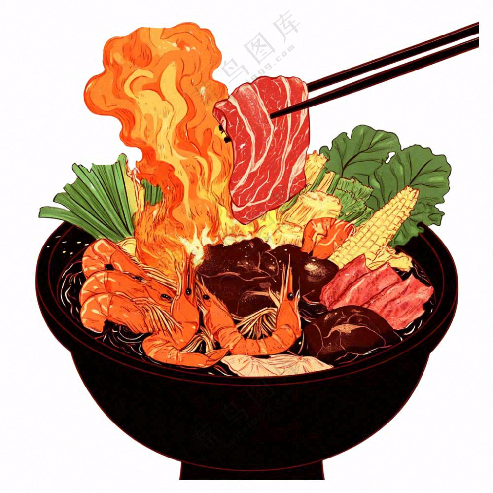 麻辣海鲜锅麻辣烫火锅美食插画免抠