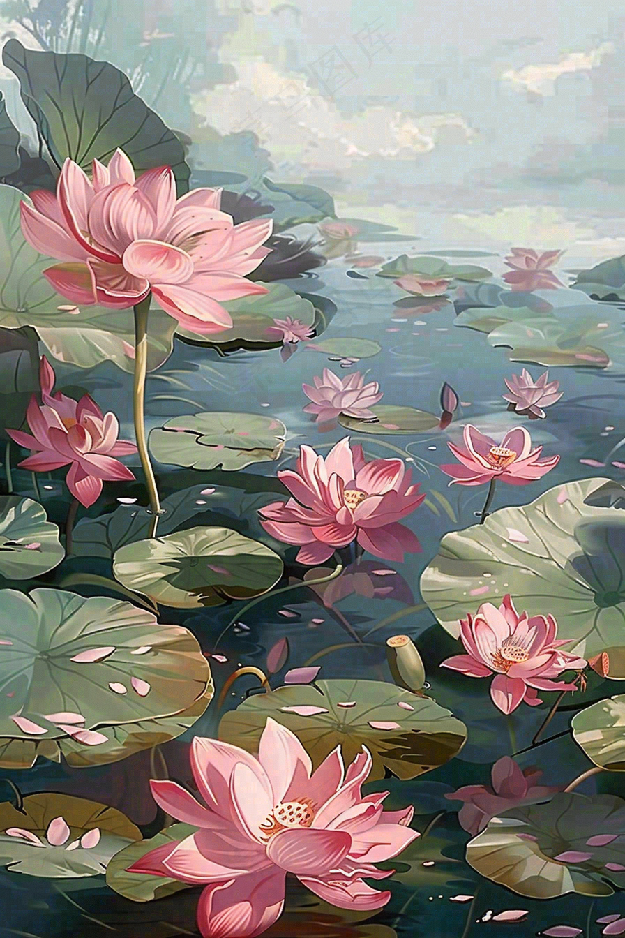 立夏池塘荷花荷叶插画夏至小暑大暑处暑背景
