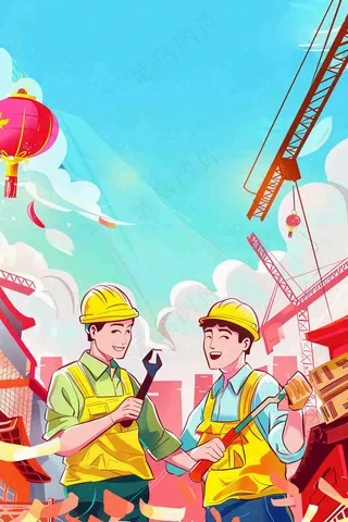 卡通插画工地辛勤劳动工人劳动节插画背景