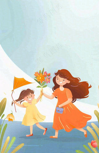 母亲节给妈妈送花的孩子亲情温馨插画背景