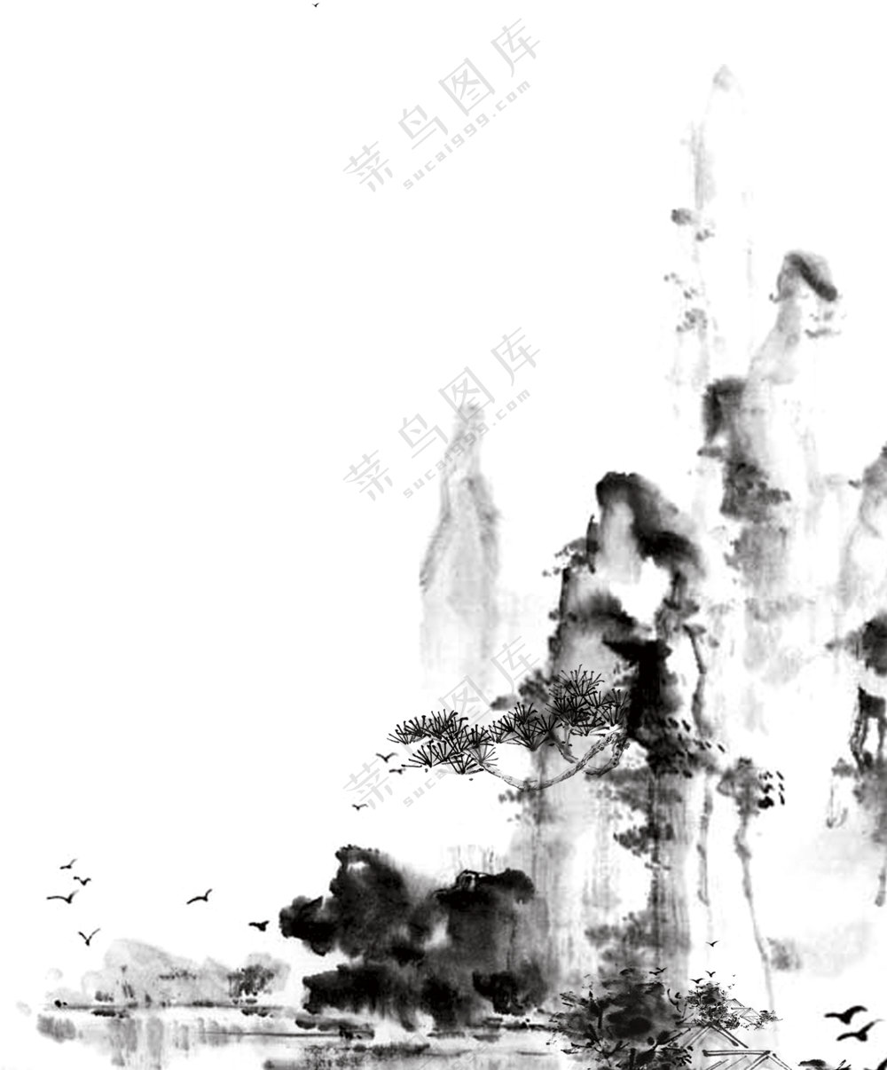 山间飞鸟树木水墨绘画PNG图片素材