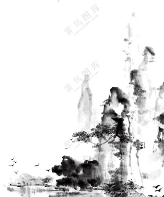 山间飞鸟树木水墨绘画PNG图片素材