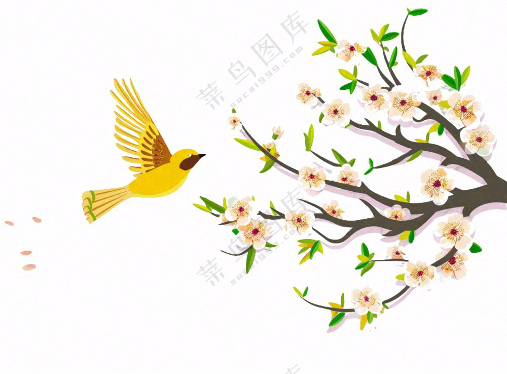春天桃花树上小鸟喜鹊插画免抠