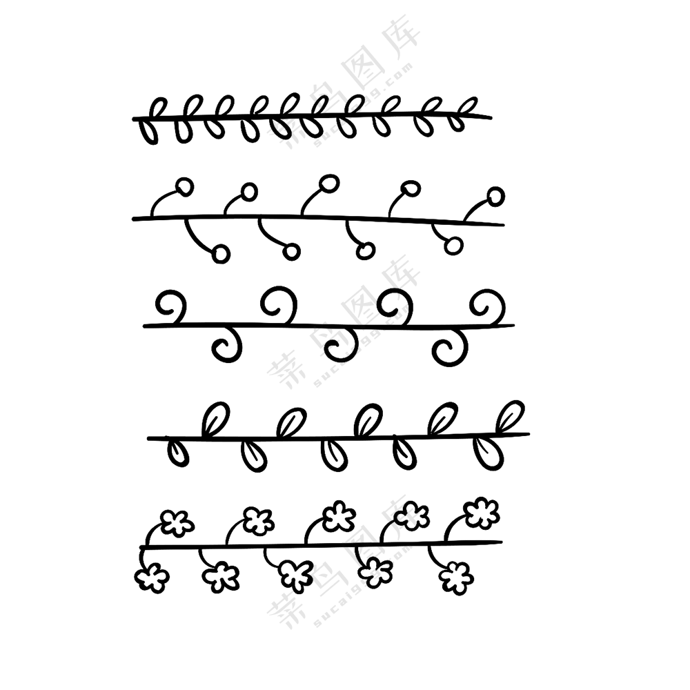 黑白手绘枝条小花叶子免抠图片素材