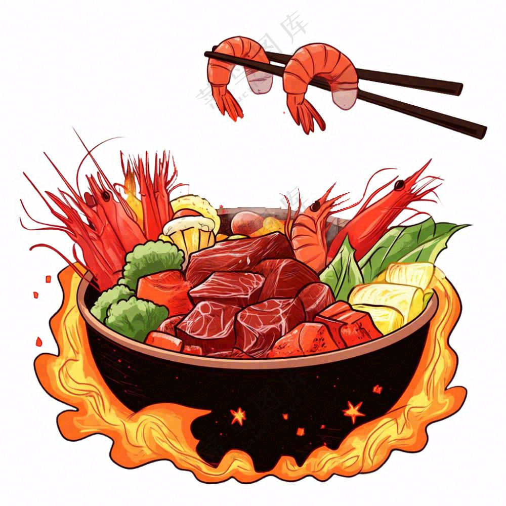 麻辣海鲜锅麻辣烫火锅美食插画免抠