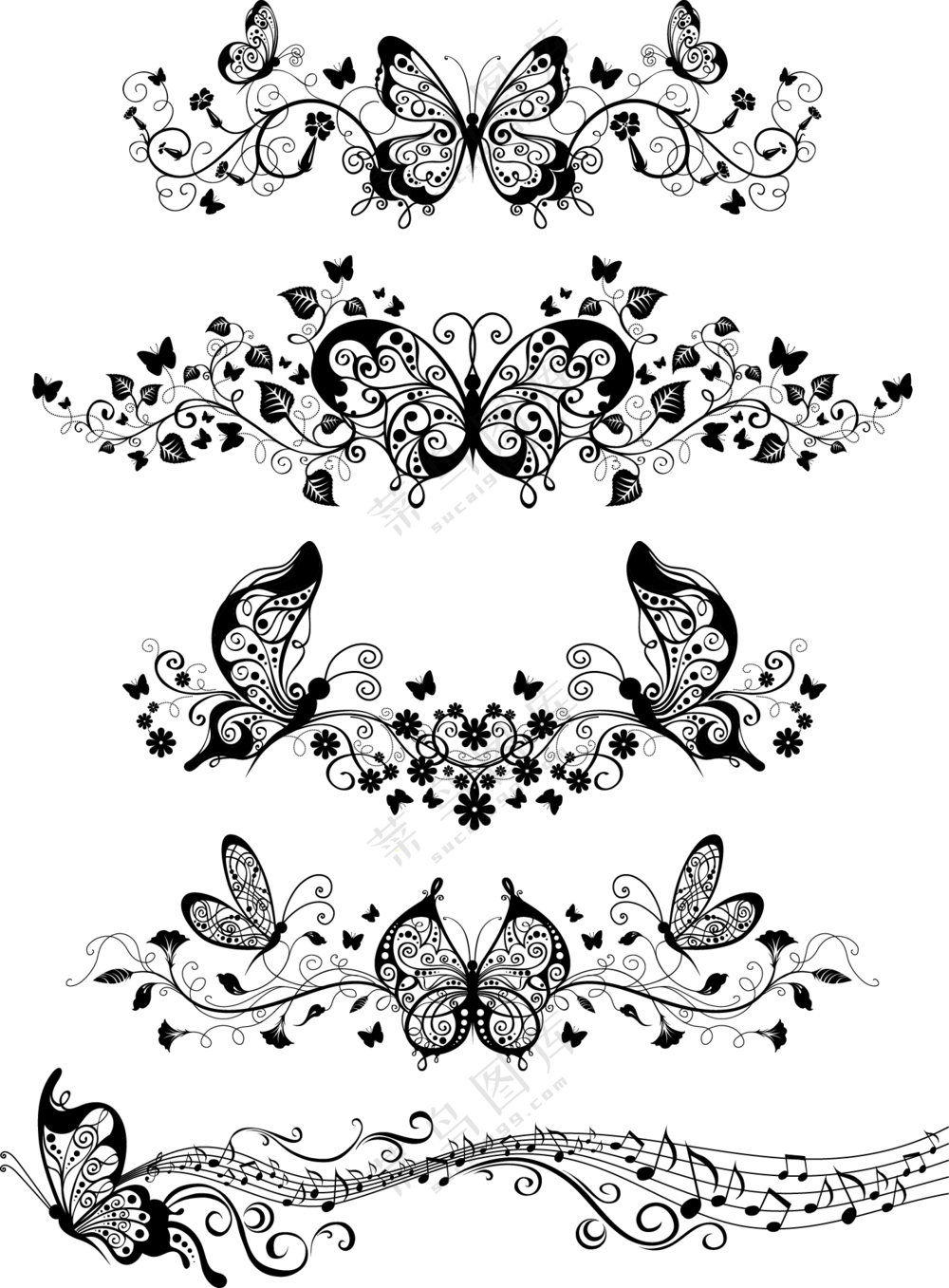 蝴蝶花纹与藤蔓枝条分割线图片素材