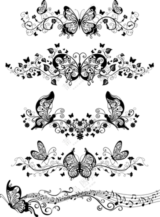 蝴蝶花纹与藤蔓枝条分割线图片素材