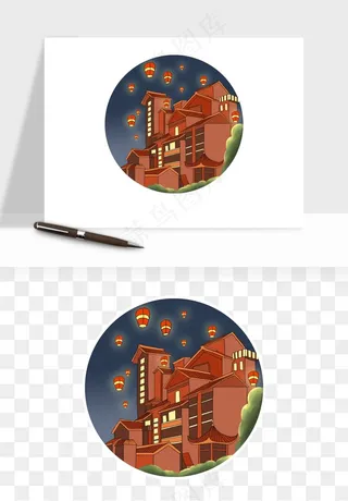 国潮城市地标山水建筑png免抠