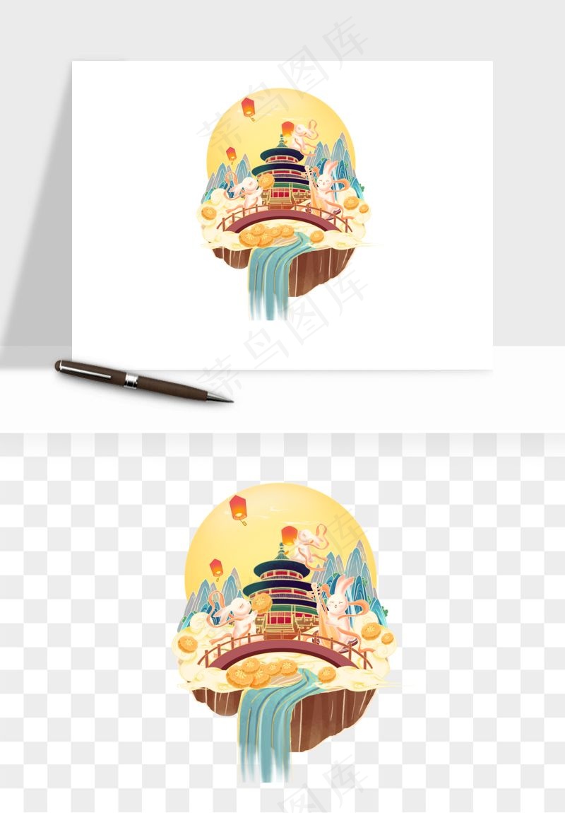中秋月饼玉兔国潮插画png免抠