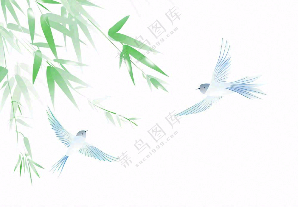春天绿竹随风青鸟水墨画插画免抠