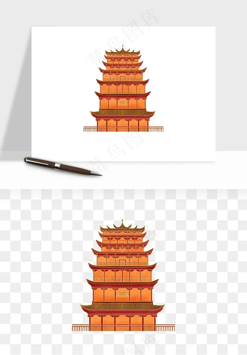 国潮高塔古塔楼建筑png免抠