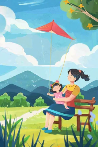 母亲节妈妈陪伴着孩子外出插画背景