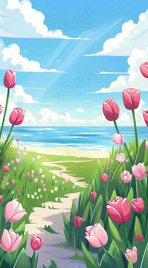 春天海边晴天蓝天白云郁金香春分插画背景