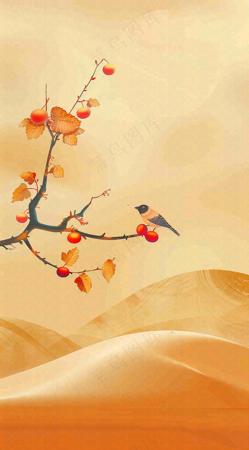 秋冬柿子树上的小鸟黄色插画霜降背景