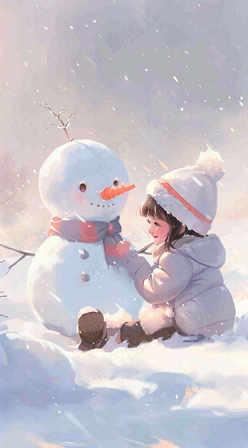 冬季白雪地堆雪人的小女孩可爱唯美大雪小雪冬至卡通插画背景