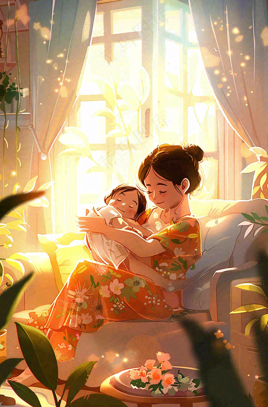 母亲节妈妈亲情抱着孩子鲜花光辉插画背景