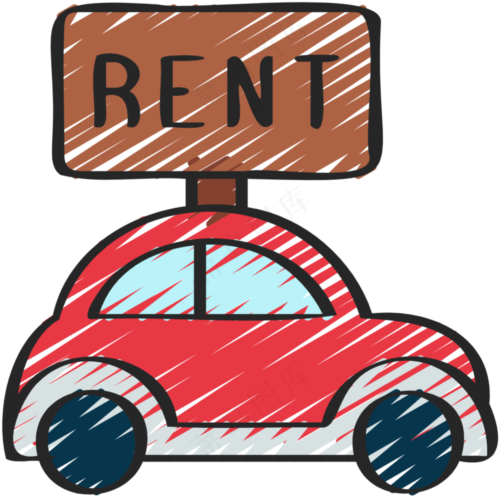 红色小汽车 租车 铅笔手绘图标 icon