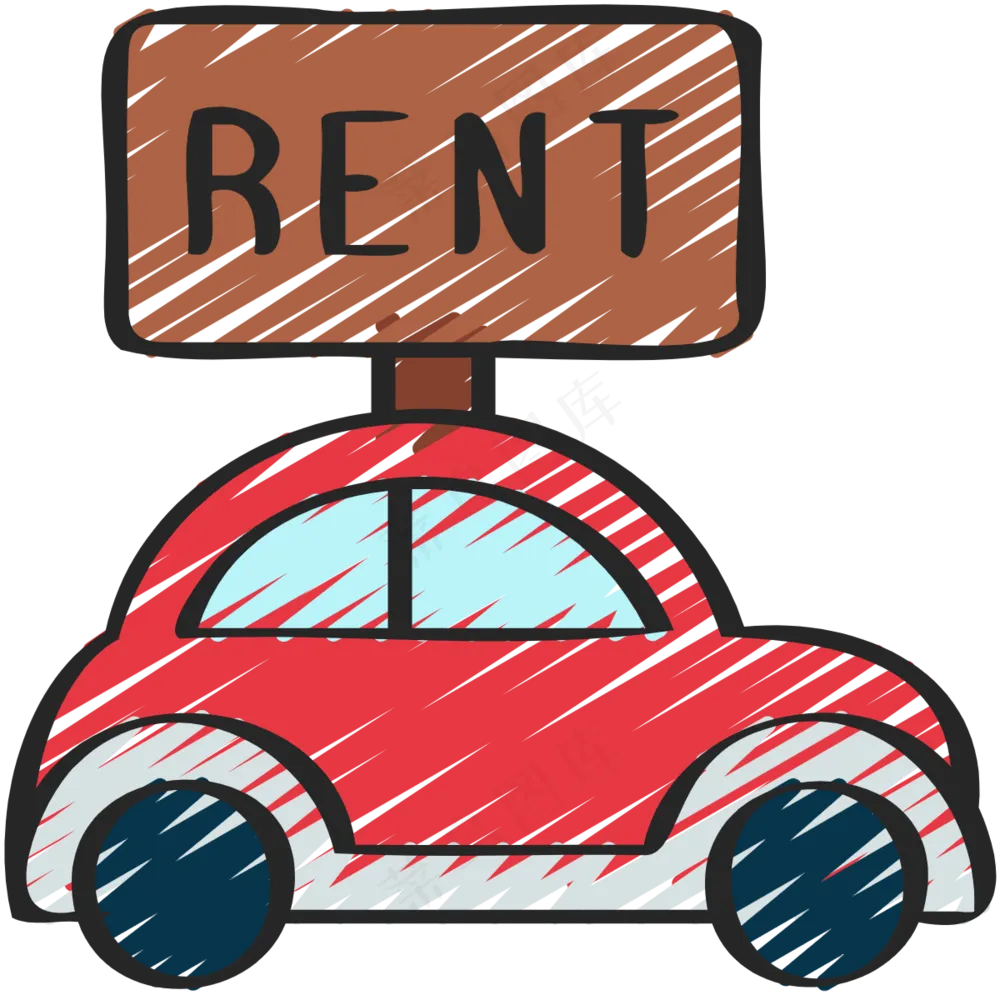 红色小汽车 租车 铅笔手绘图标 icon