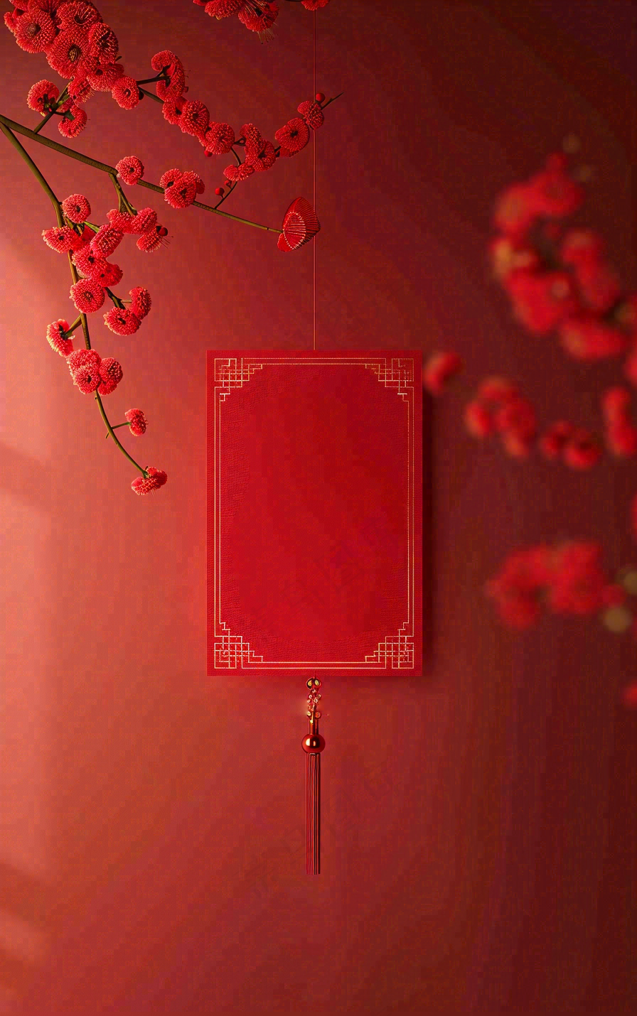 红色国风背景梅花花朵插画元旦背景