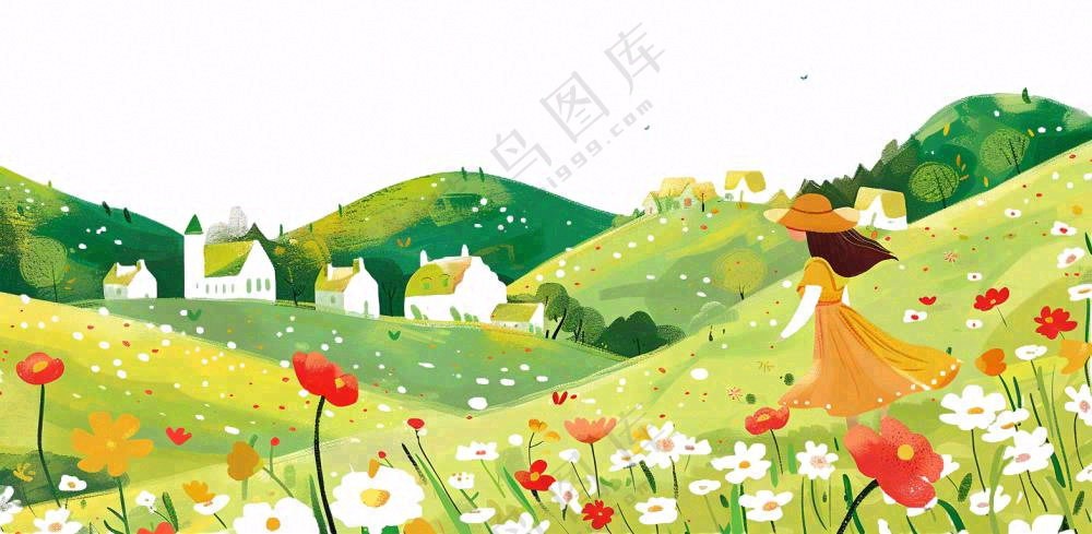 田园山川村庄绿色卡通插画免抠