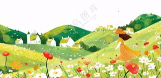田园山川村庄绿色卡通插画免抠