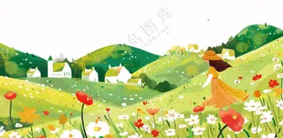 田园山川村庄绿色卡通插画免抠
