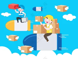 卡通可爱兼职快递员飞速坐火箭投递快递扁平化插画