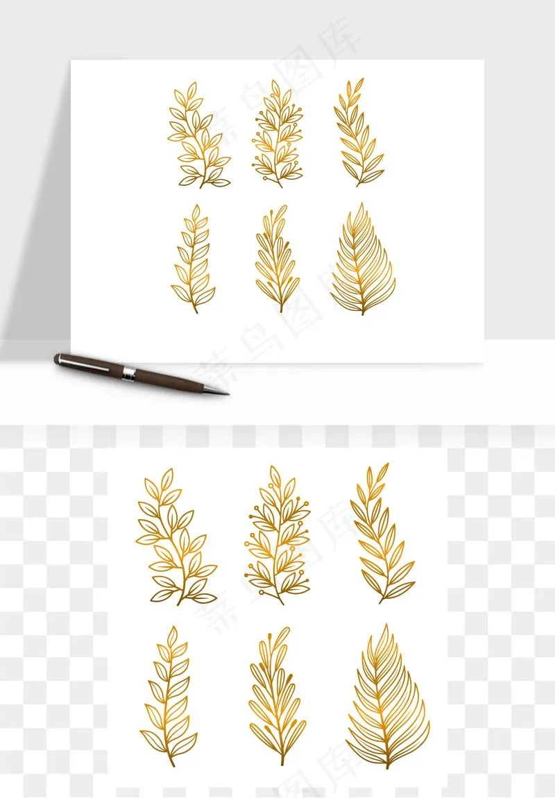 手绘金色叶子矢量png免抠