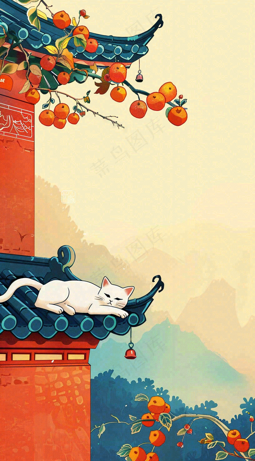 秋天红色宫墙上的白猫柿子树国风插画立秋秋分背景