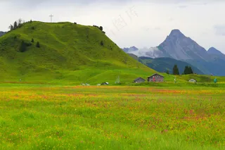 翠绿丘陵与远方的巍峨山脉