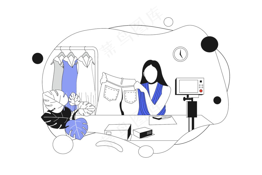 女主播在线直播带货 蓝色扁平商务插画