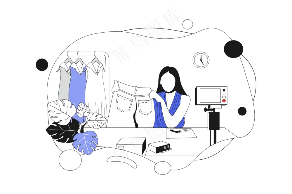 女主播在线直播带货 蓝色扁平商务插画