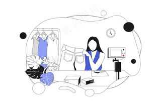 女主播在线直播带货 蓝色扁平商务插画