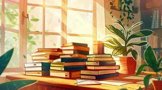 世界读书日窗前书桌书本绿植卡通插画背景