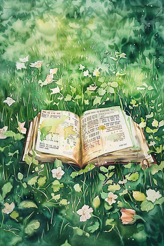 草丛花丛里的书本阅读世界读书日水彩插画背景